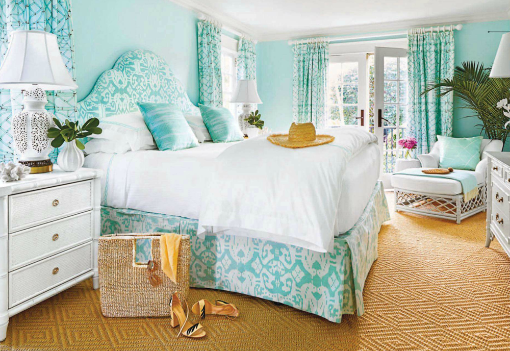 China Seas Island Ikat bed with Lyford Trellis curtains in Coastal Living