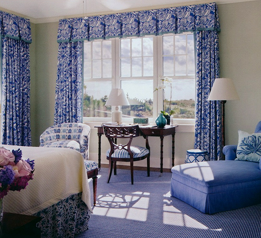 China Seas Macambo curtains and Seya bed skirt with Alan Campbell Cintra chair by Mark Hampton
