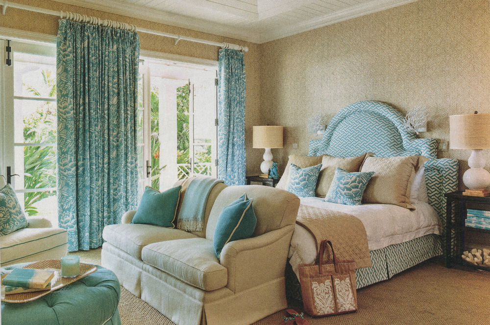 China Seas Macambo curtains and pillows with Aga bed by Dana Small in Classic Home Summer 2018
