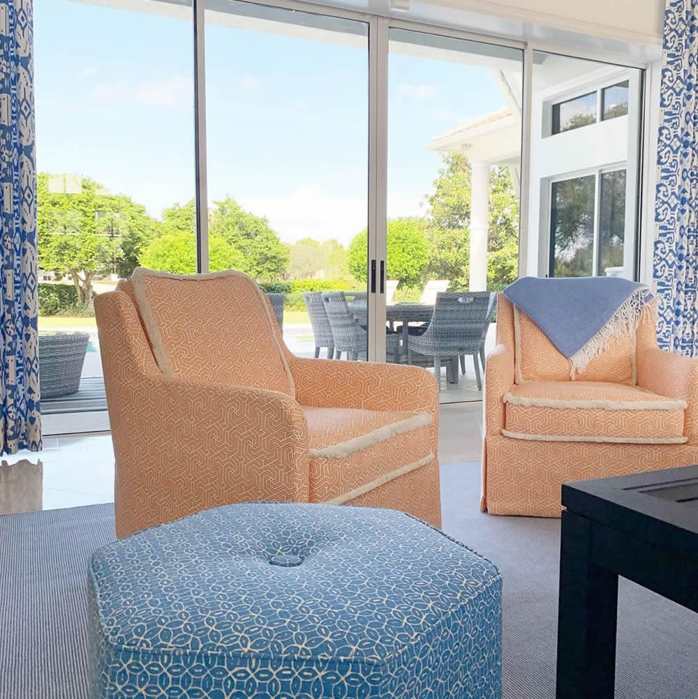 China Seas Maze Reverse Two Colors chairs with Melong Batik Reverse ottomans and Island Ikat curtains by Porter Design Company