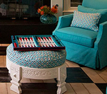 Trellis Background shades Moroc ottoman and pillows Ann Lowengart Interiors sm thumb