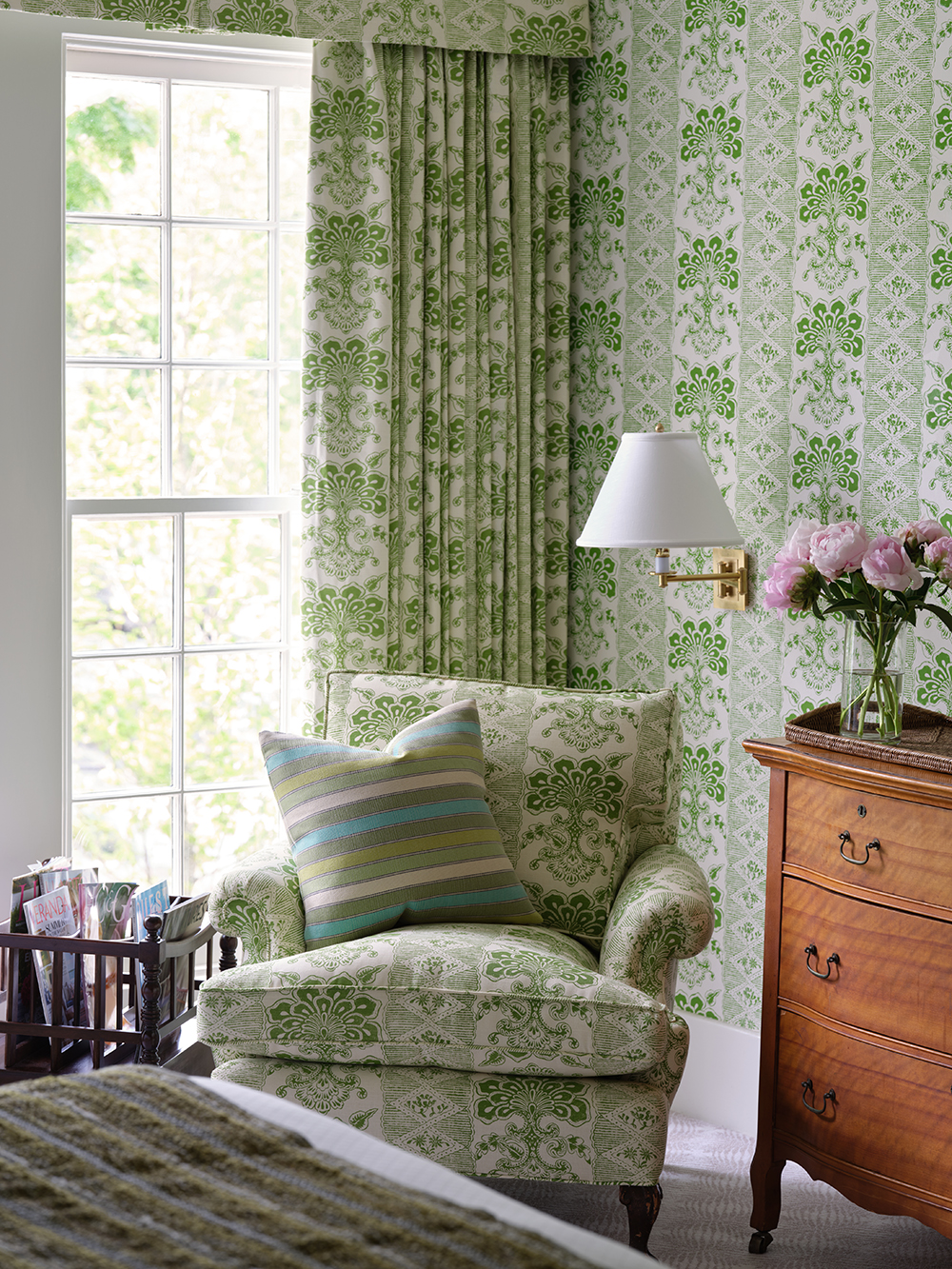 Chantilly Stripe chair wallpaper drapes Stewart Manger Photography Reid Rolls Stylist Howard Christian